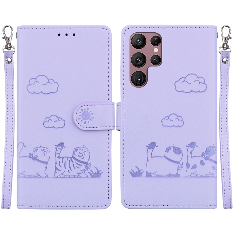 

For Samsung Galaxy S22 Ultra 5G Cute Cats RFID Leather Phone Case(Purple)
