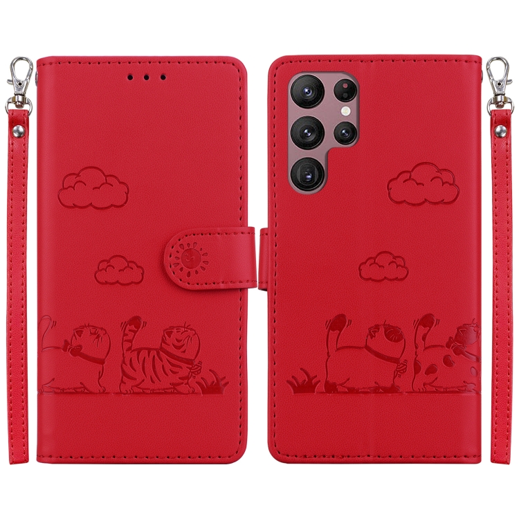 

For Samsung Galaxy S22 Ultra 5G Cute Cats RFID Leather Phone Case(Red)