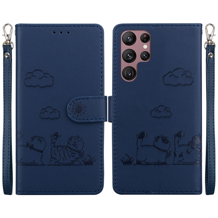 

For Samsung Galaxy S22 Ultra 5G Cute Cats RFID Leather Phone Case(Blue)