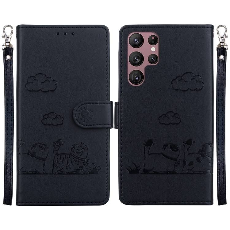 

For Samsung Galaxy S22 Ultra 5G Cute Cats RFID Leather Phone Case(Black)