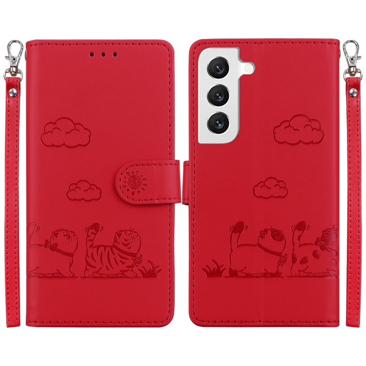 

For Samsung Galaxy S22 5G Cute Cats RFID Leather Phone Case(Red)
