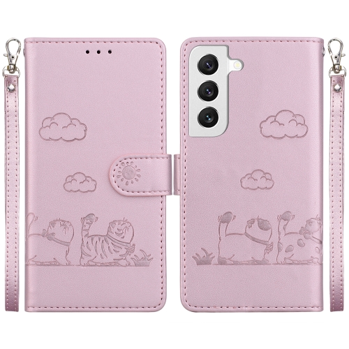 

For Samsung Galaxy S22+ 5G Cute Cats RFID Leather Phone Case(Rose Gold)