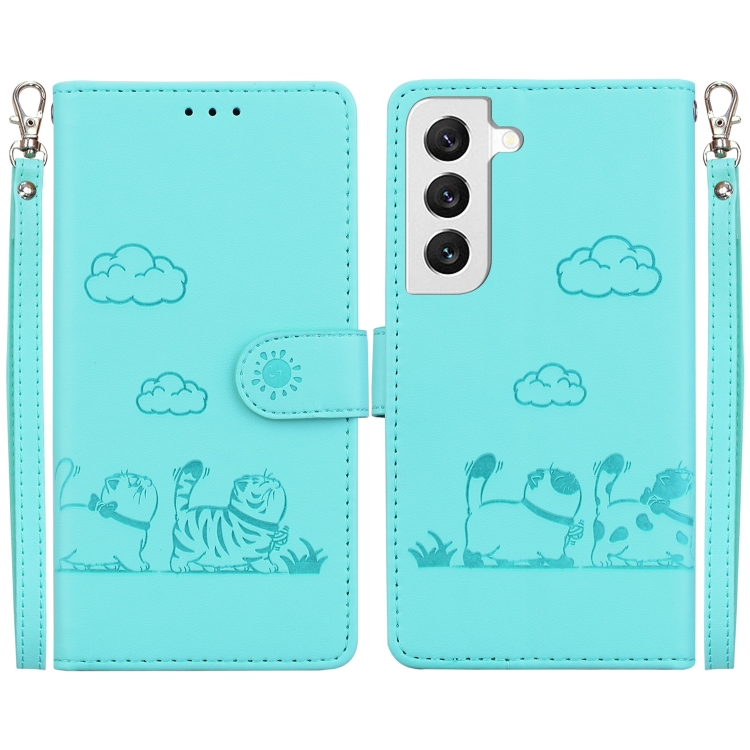 

For Samsung Galaxy S22+ 5G Cute Cats RFID Leather Phone Case(Green)
