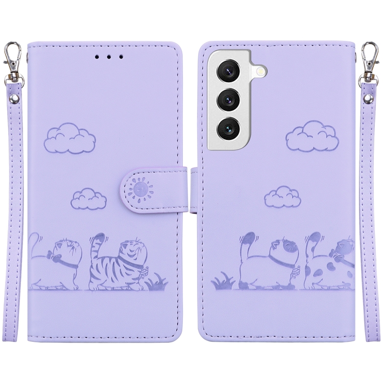 

For Samsung Galaxy S22+ 5G Cute Cats RFID Leather Phone Case(Purple)