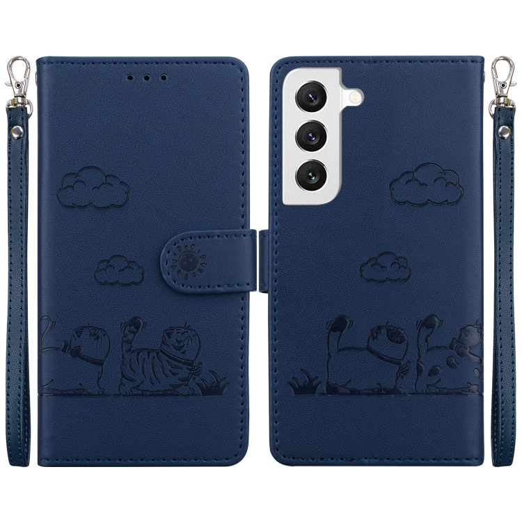 

For Samsung Galaxy S22+ 5G Cute Cats RFID Leather Phone Case(Blue)