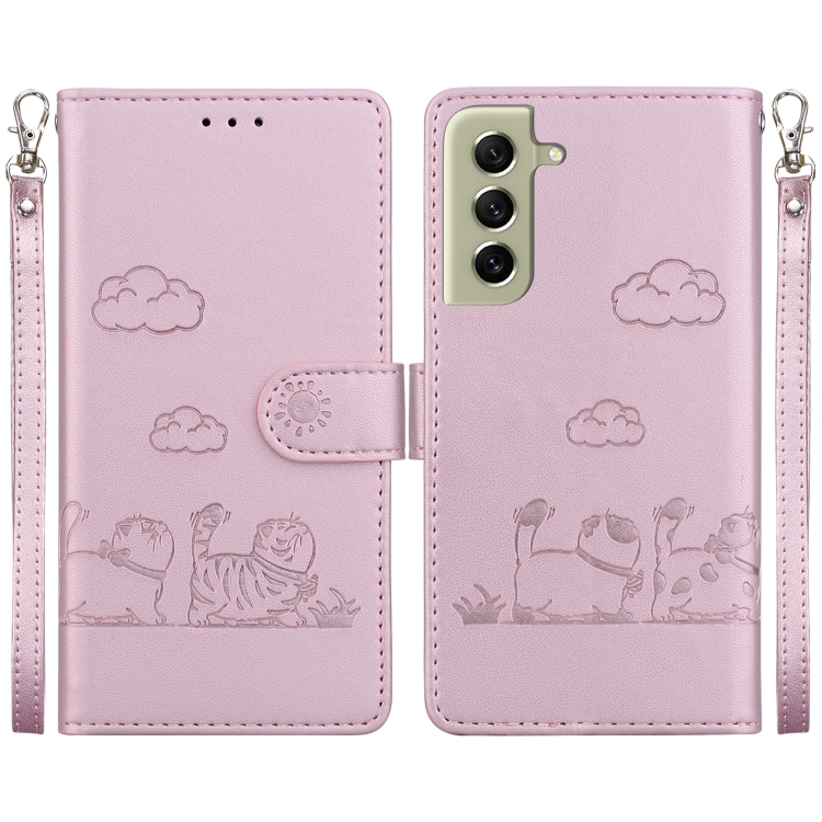

For Samsung Galaxy S21+ 5G Cute Cats RFID Leather Phone Case(Rose Gold)