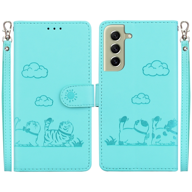 

For Samsung Galaxy S21+ 5G Cute Cats RFID Leather Phone Case(Green)