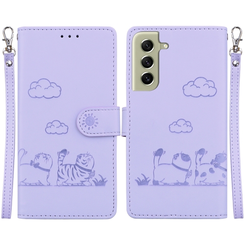 

For Samsung Galaxy S21+ 5G Cute Cats RFID Leather Phone Case(Purple)