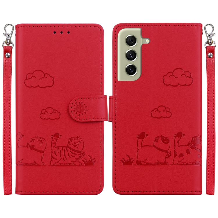 

For Samsung Galaxy S21 FE 5G Cute Cats RFID Leather Phone Case(Red)