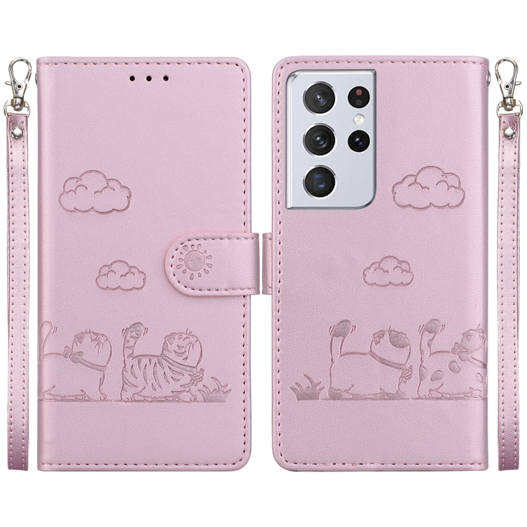 

For Samsung Galaxy S21 Ultra 5G Cute Cats RFID Leather Phone Case(Rose Gold)