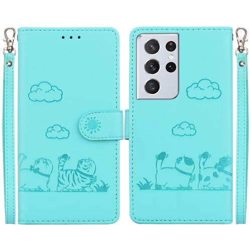 

For Samsung Galaxy S21 Ultra 5G Cute Cats RFID Leather Phone Case(Green)