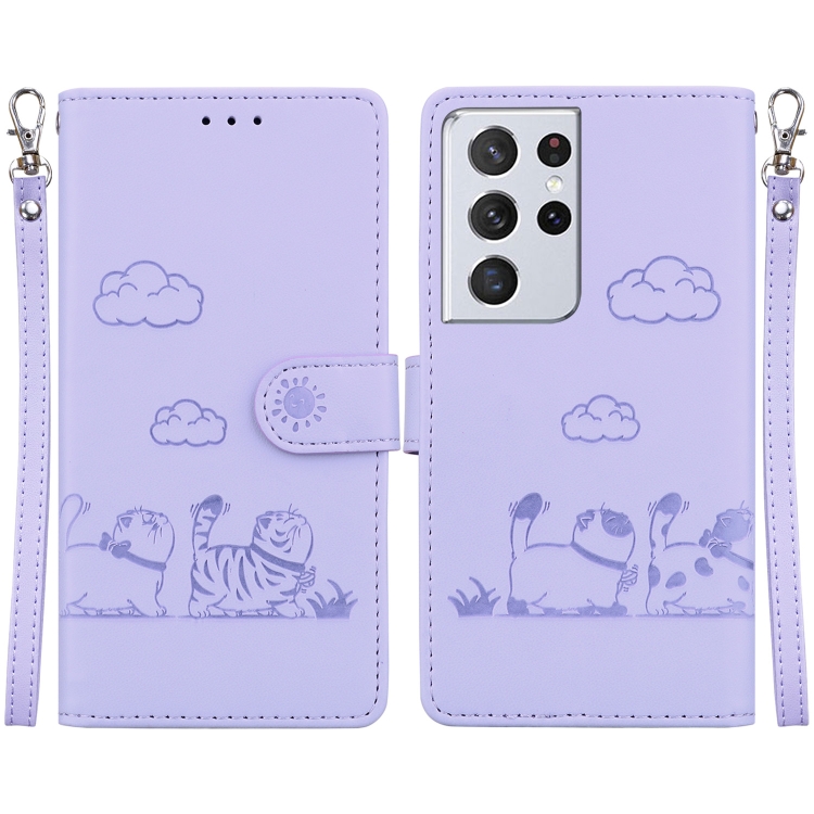 

For Samsung Galaxy S21 Ultra 5G Cute Cats RFID Leather Phone Case(Purple)