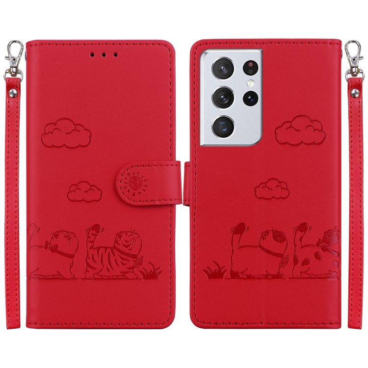 

For Samsung Galaxy S21 Ultra 5G Cute Cats RFID Leather Phone Case(Red)