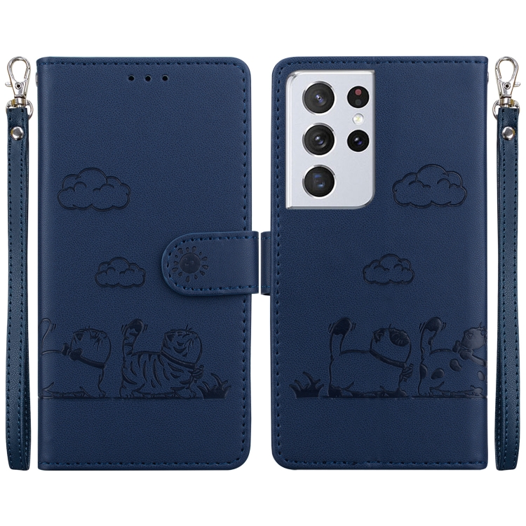 

For Samsung Galaxy S21 Ultra 5G Cute Cats RFID Leather Phone Case(Blue)