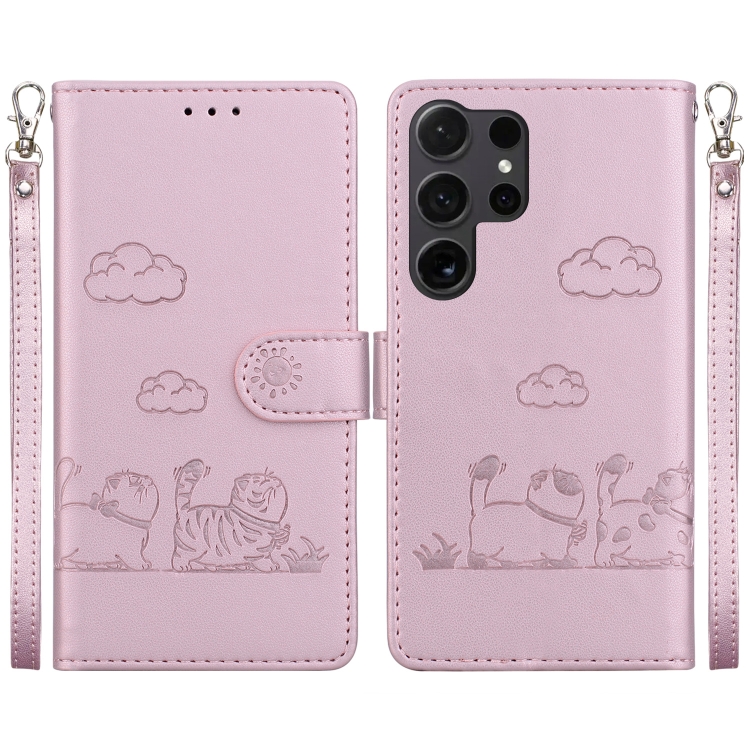 

For Samsung Galaxy S25 Ultra 5G Cute Cats RFID Leather Phone Case(Rose Gold)