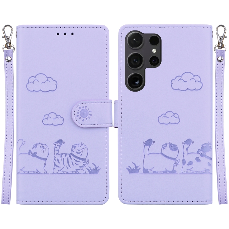 

For Samsung Galaxy S25 Ultra 5G Cute Cats RFID Leather Phone Case(Purple)