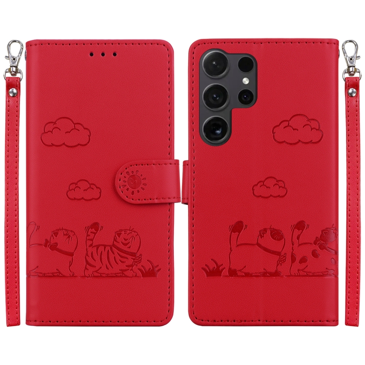 

For Samsung Galaxy S25 Ultra 5G Cute Cats RFID Leather Phone Case(Red)