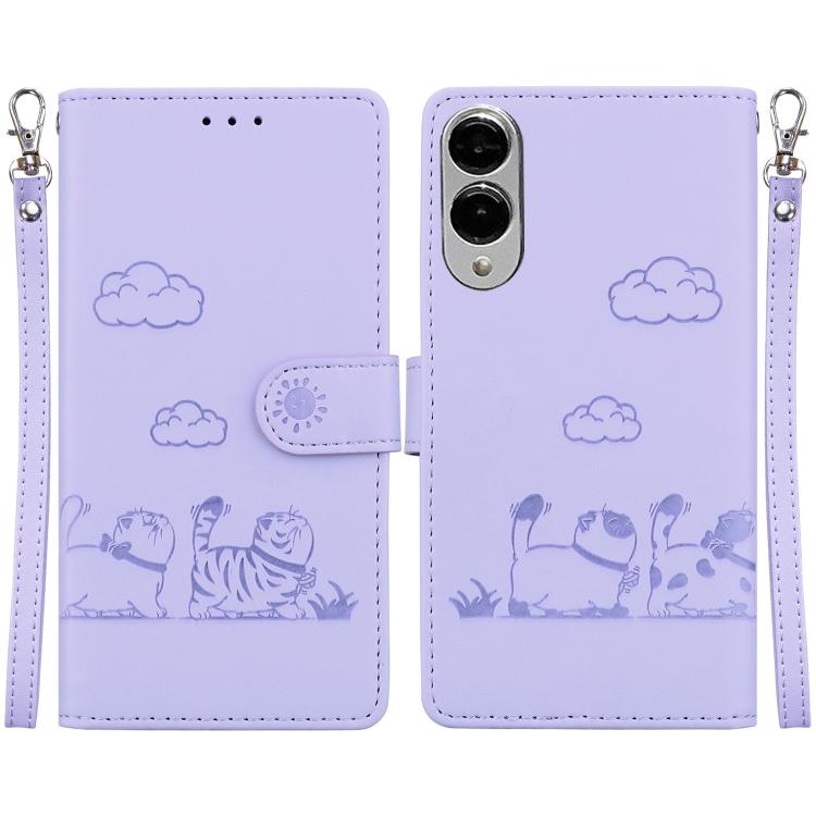 

For Samsung Galaxy S25 Edge 5G Cute Cats RFID Leather Phone Case(Purple)