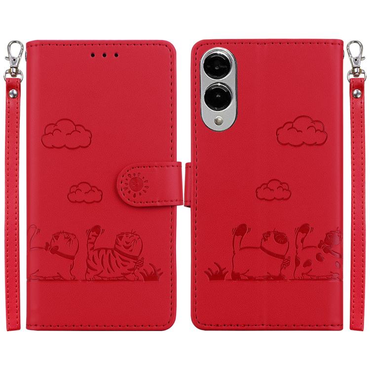 

For Samsung Galaxy S25 Edge 5G Cute Cats RFID Leather Phone Case(Red)