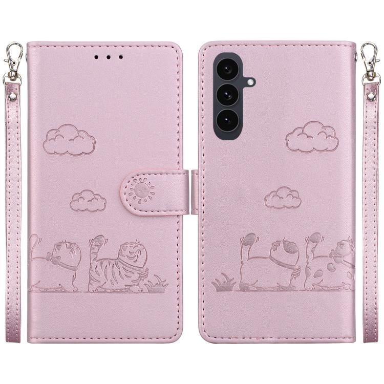 For Samsung Galaxy S25 FE 5G Cute Cats RFID Leather Phone Case(Rose Gold)