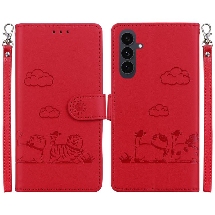 

For Samsung Galaxy S25 FE 5G Cute Cats RFID Leather Phone Case(Red)