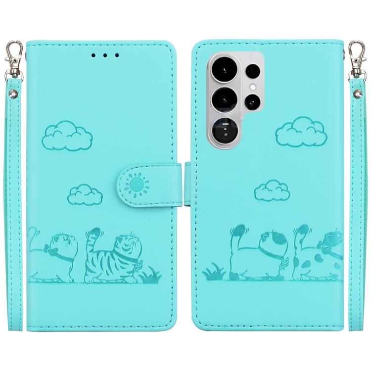 

For Samsung Galaxy S26 Ultra 5G Cute Cats RFID Leather Phone Case(Green)