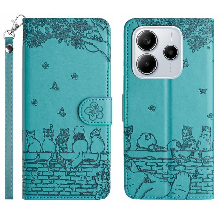

For Redmi Note 14 4G 163.25mm Cat Embossing Pattern Leather Phone Case with Lanyard(Blue)