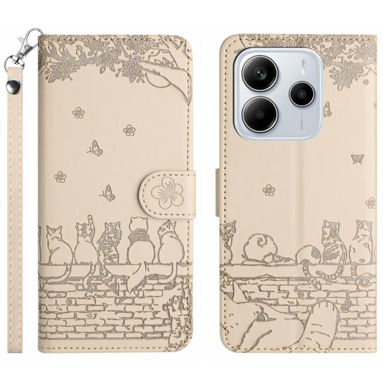 

For Redmi Note 14 4G 163.25mm Cat Embossing Pattern Leather Phone Case with Lanyard(Beige)