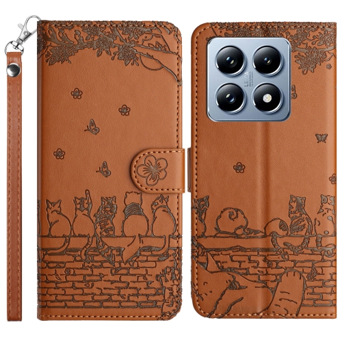 

For Xiaomi 14T Cat Embossing Pattern Leather Phone Case with Lanyard(Brown)