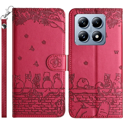 

For Xiaomi 14T Pro Cat Embossing Pattern Leather Phone Case with Lanyard(Red)