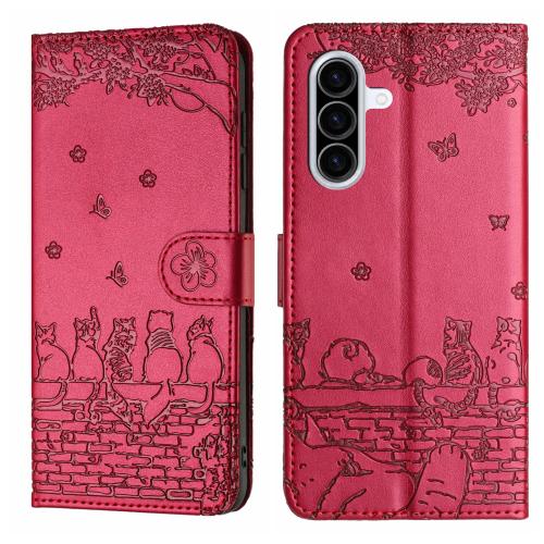 

For Samsung Galaxy A36 / A56 5G Cat Embossing Pattern Leather Phone Case with Lanyard(Red)