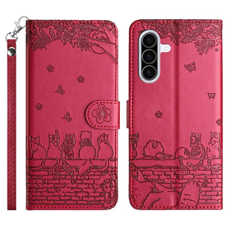 

For Samsung Galaxy A57 5G Cat Embossing Pattern Leather Phone Case with Lanyard(Red)