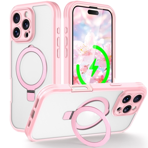 For iPhone 16 Pro Max Skin Feel MagSafe Holder 360 Full Body Phone Case(Pink)