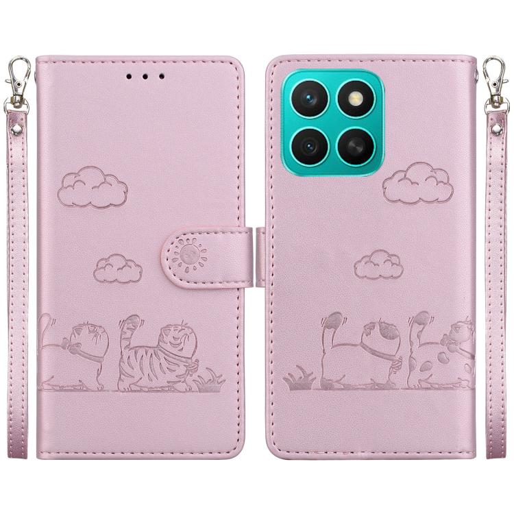

For Honor X8c 4G Cute Cats RFID Leather Phone Case(Rose Gold)