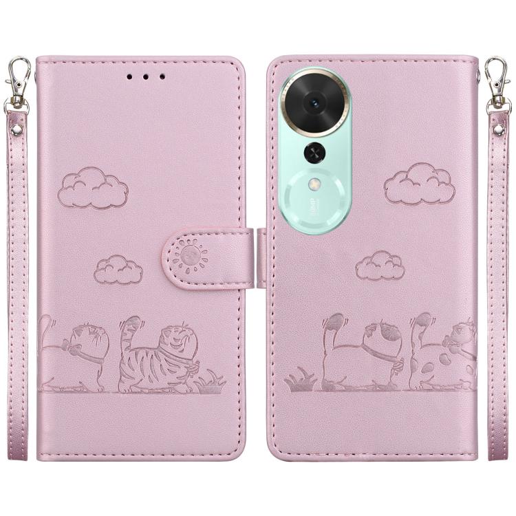

For Honor Play 70 Plus Cute Cats RFID Leather Phone Case(Rose Gold)