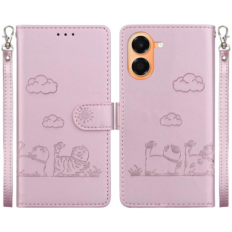 For Honor X7e 4G Cute Cats RFID Leather Phone Case(Rose Gold)