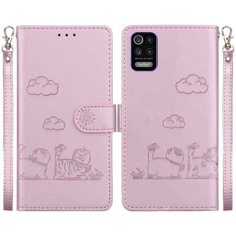 

For LG K52 / K62 / Q52 Cute Cats RFID Leather Phone Case(Rose Gold)