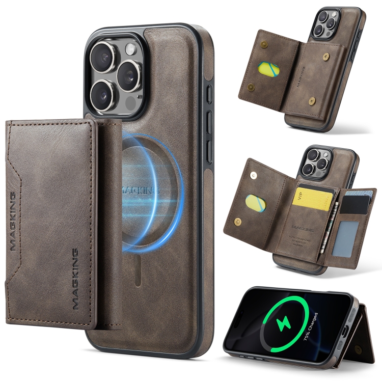 For iPhone 16 Pro MAGKING K2 Series MagSafe RFID Card Bag Detachable Phone Case(Coffee)