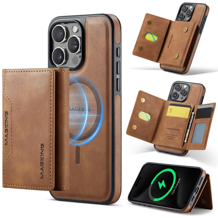 For iPhone 15 Pro MAGKING K2 Series MagSafe RFID Card Bag Detachable Phone Case(Brown)