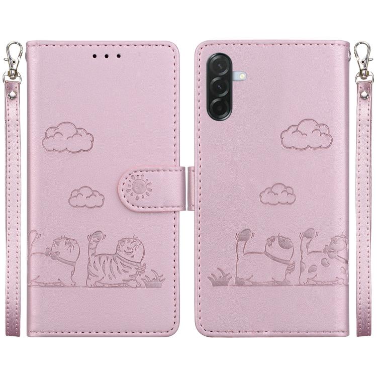 For Samsung Galaxy A57 5G Cute Cats RFID Leather Phone Case(Rose Gold)