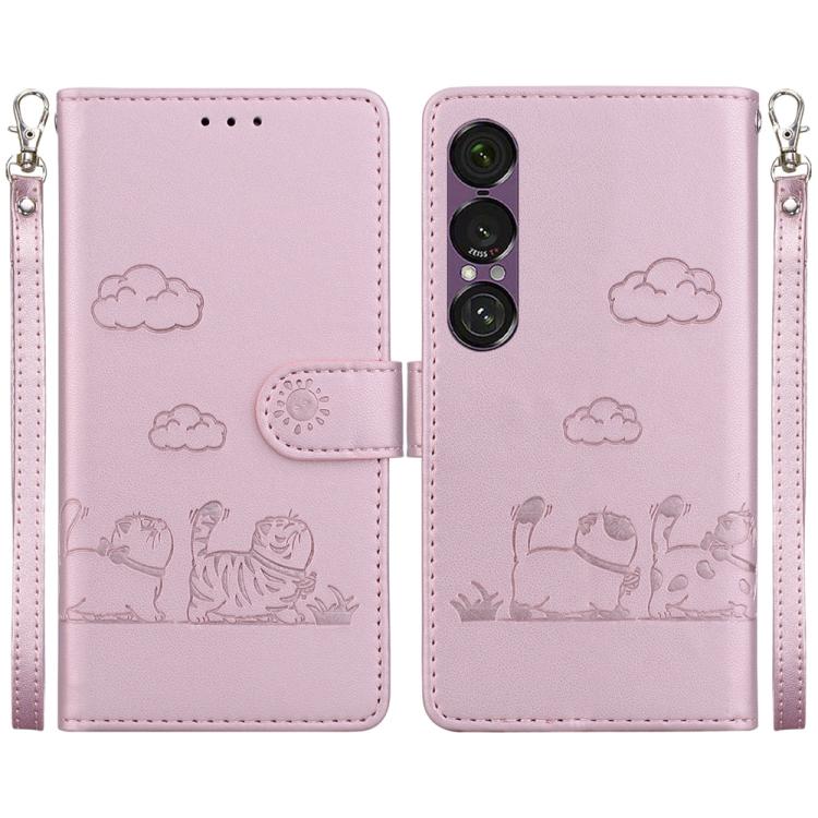 

For Sony Xperia 1 VII Cute Cats RFID Leather Phone Case(Rose Gold)