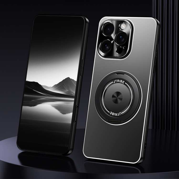 

For iPhone 16 Pro Rotating Holder Frosted Metal Phone Case(Black)