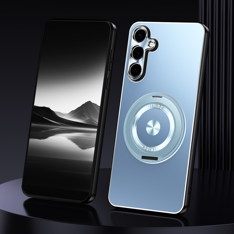 

For Samsung Galaxy S24 5G Rotating Holder Frosted Metal Phone Case(Blue)