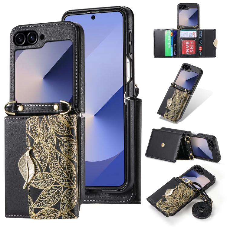 

For Samsung Galaxy Z Flip6 POLA Multi-Card Slots Leaf Pattern Phone Case(Black)