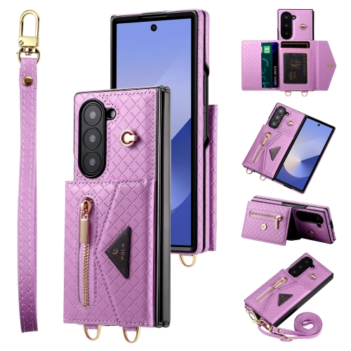 

For Samsung Galaxy Z Fold6 POLA Grid Texture Multi-Card Slots Zipper Wallet Phone Case(Purple)