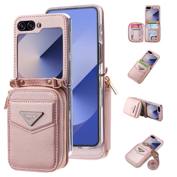 

For Samsung Galaxy Z Flip6 POLA Multi-Card Slots Zipper Wallet Phone Case(Pink)