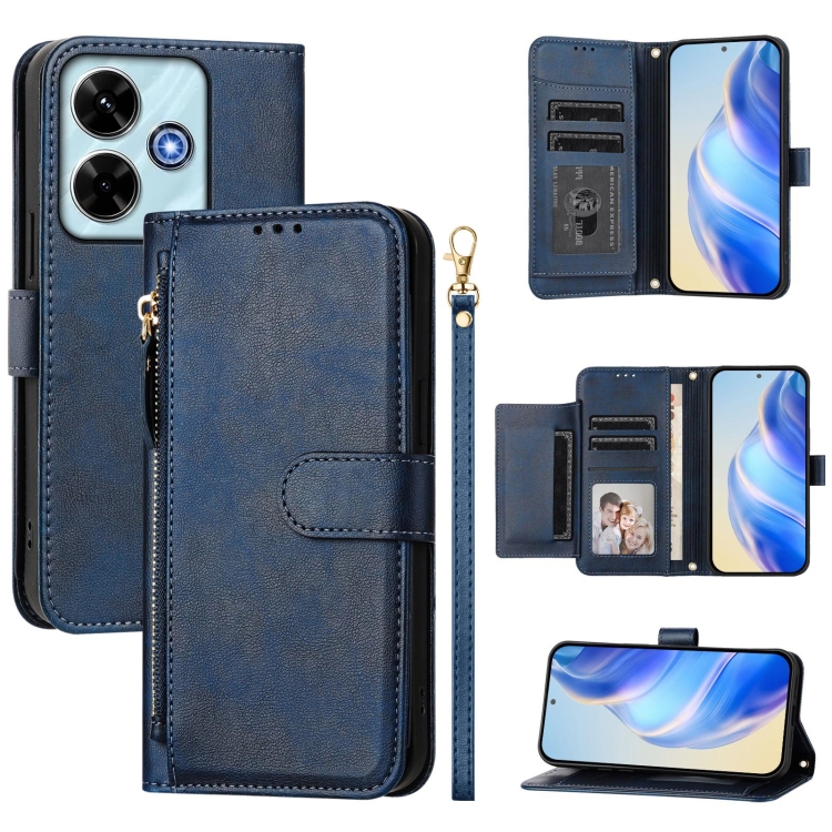 

For Redmi 13 5G / 4G Global Multi-Card Slots Zipper Wallet Leather Phone Case(Blue)