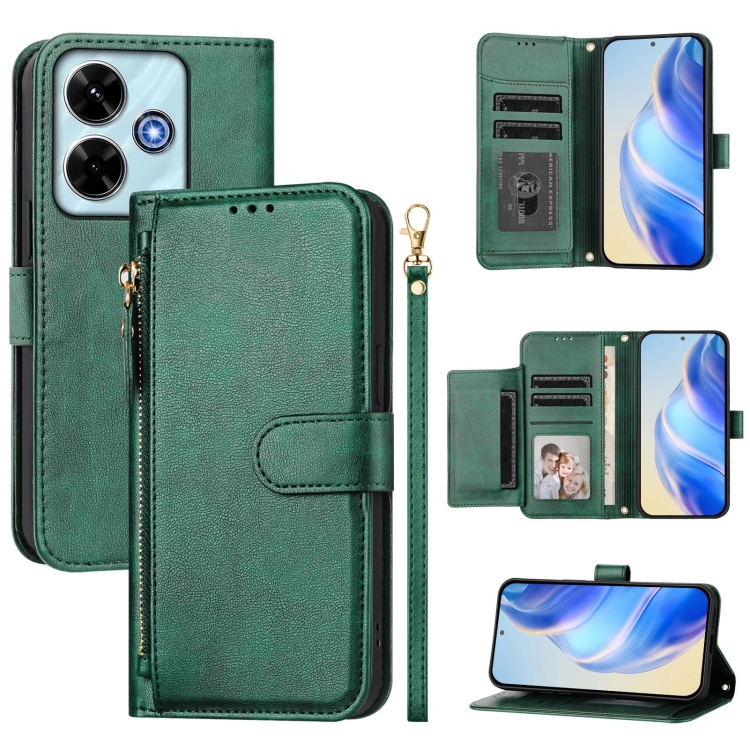 

For Redmi 13 5G / 4G Global Multi-Card Slots Zipper Wallet Leather Phone Case(Green)