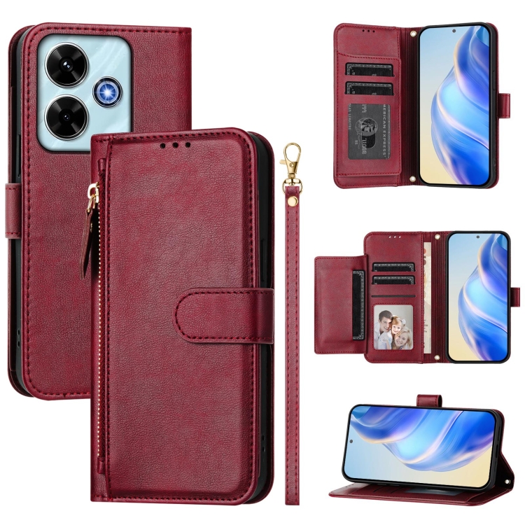 

For Redmi 13 5G / 4G Global Multi-Card Slots Zipper Wallet Leather Phone Case(Dark Red)