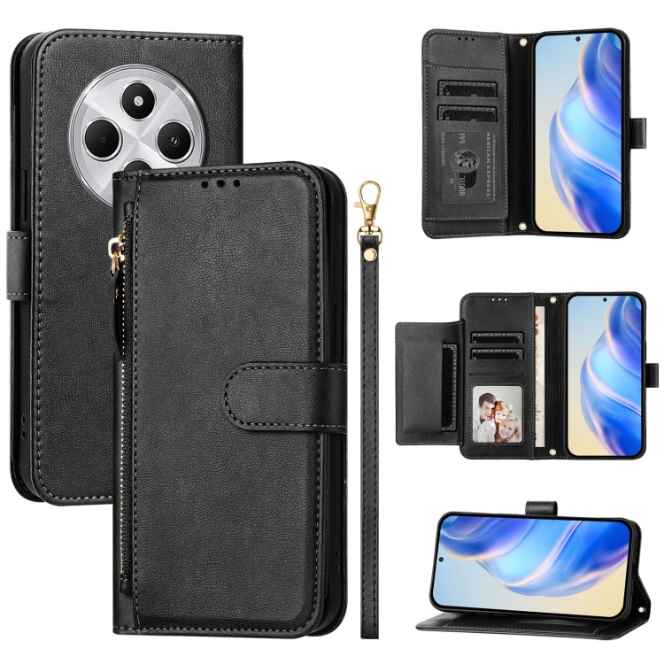 

For Redmi 14C 4G Multi-Card Slots Zipper Wallet Leather Phone Case(Black)